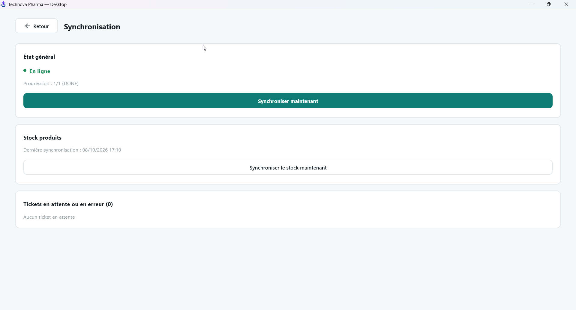 Écran Synchronisation de Technova Pharma : en ligne, aucun ticket en attente